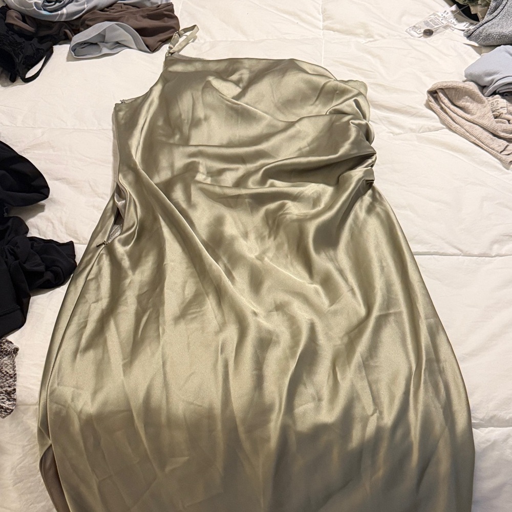 Revelry One Shoulder Satin Dress in Sage Green